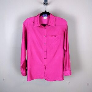 Vintage 100% Silk Button Down Shirt HER Small Magenta Pink Long Sleeve